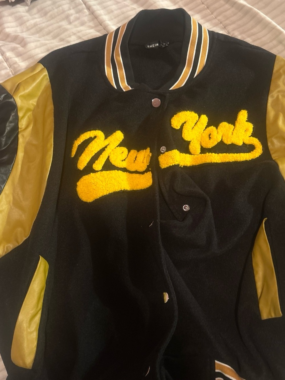 SHEIN Black and Gold 'New York' Letterman Jacket